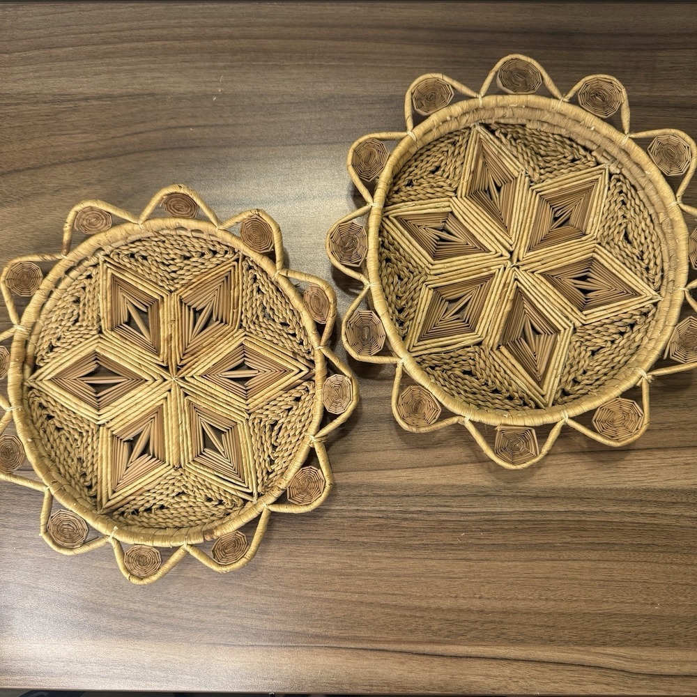 2 Vintage Boho Chic Jute Rattan‎ Woven Gallery Wall Hanging Trivets Baskets MCM